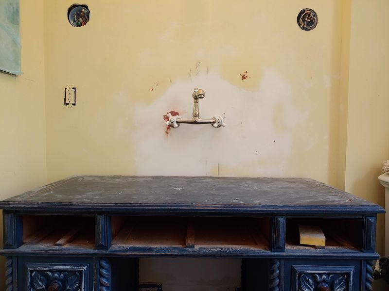 Carved vanity base before the top was added