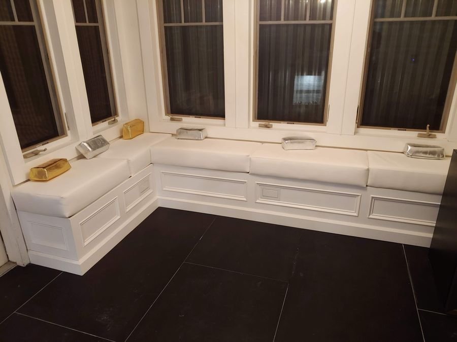 Built-in window bench with paneled base